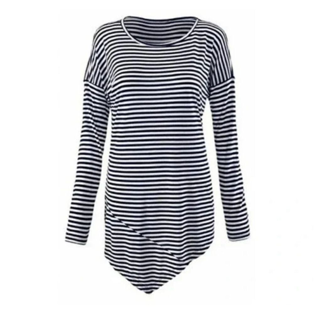 CAbi S boat stripe nautical asymmetrical hem knit top